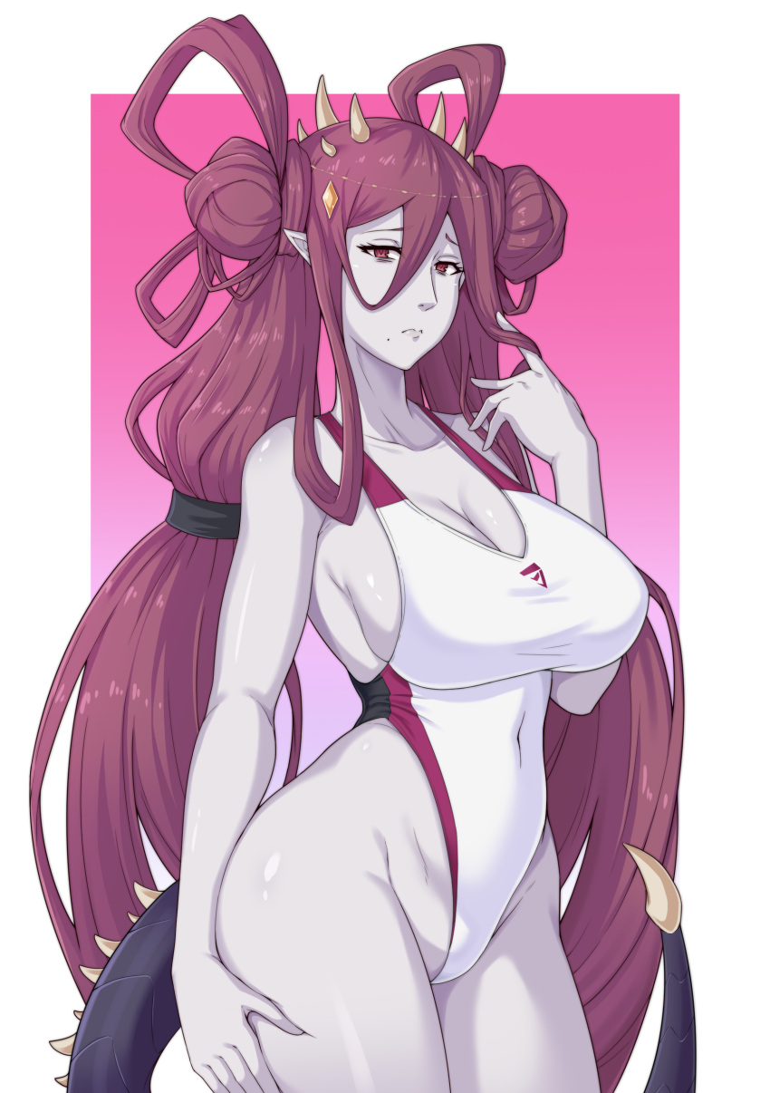 1girl absurdres breasts cleavage colored_skin competition_swimsuit hand_on_hip highres large_breasts long_hair looking_at_viewer mole mole_under_mouth monster_hunter:_world monster_hunter_(series) one-piece_swimsuit personification purple_skin red_eyes red_hair solo swimsuit tail vaal_hazak very_long_hair yamanata