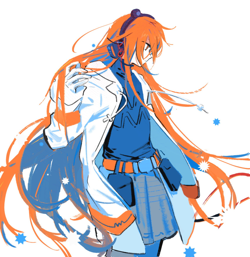 1girl a.i._voice adachi_rei alternate_hair_length alternate_hairstyle belt black_shirt coat cowboy_shot gloves grey_skirt hand_in_own_hair headphones headset highres long_hair long_sleeves open_clothes open_coat orange_eyes orange_hair pouch profile sfrabbit shirt shirt_tucked_in skirt solo standing utau very_long_hair white_background white_coat white_gloves