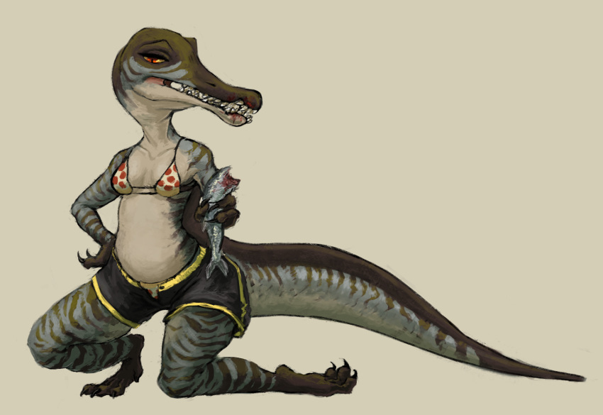 abject anthro bikini blood blood_on_face bodily_fluids bottomwear breasts claws clothed clothing countershading death digital_media_(artwork) dinosaur eating female food grey_body hand_on_hip hi_res holding_food holding_object irritator kneeling narrowed_eyes non-mammal_breasts partially_clothed portrait red_eyes reptile scalie shaded shorts simple_background small_breasts solo solo_focus spinosaurid stripes swimwear teeth theropod thick_tail