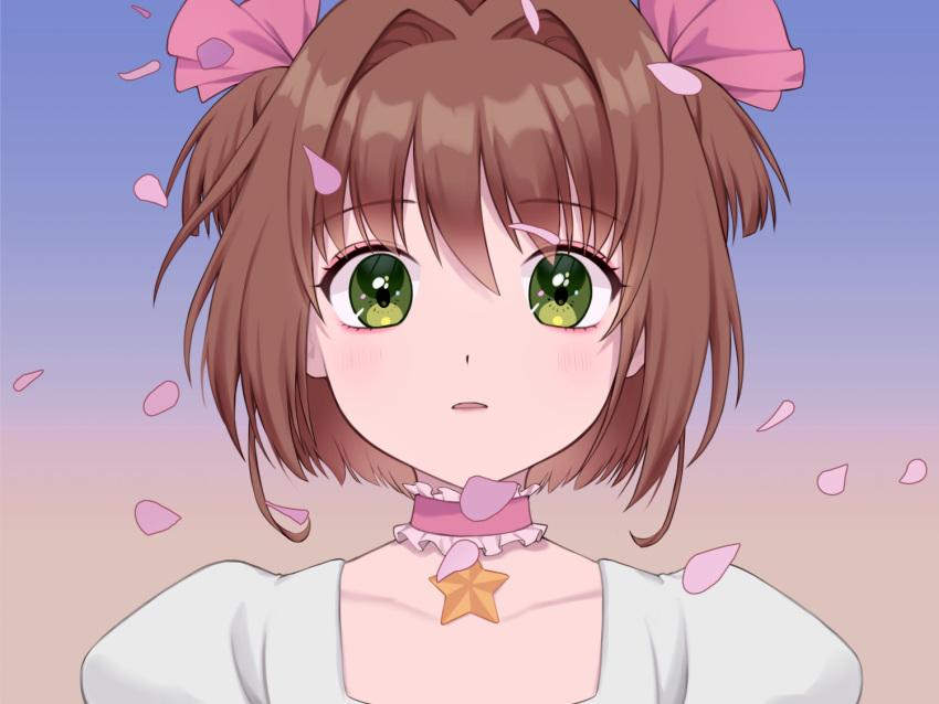 1girl blue_background brown_hair cardcaptor_sakura choker clamp_(style) collarbone commentary_request eyebrows_visible_through_hair face falling_petals frills gradient gradient_background green_eyes hair_intakes kinomoto_sakura light_blush looking_at_viewer mongkyung parted_lips petals short_hair simple_background sky solo star_(symbol) twilight two_side_up