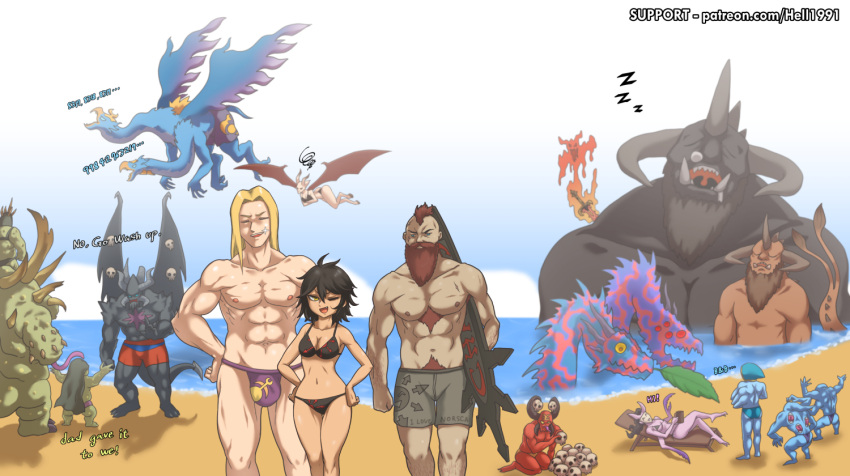 3girls 5others 6+boys abs alternate_costume archaon_the_everchosen be'lakor beach beard bikini bird black_bikini black_hair black_swimsuit blonde_hair brown_hair bulge chaos_(warhammer) chest_hair cloud daemon_prince day demon demon_boy demon_girl demon_wings dragon dragon_ogre english_commentary english_text ethrac_glott everyone facial_hair fang fangs feathered_wings galrauch_the_great_drake genderswap genderswap_(mtf) ghurek_glott grey_shorts hellcross_(dkrejd2000) heresy kairos_fateweaver kholek_suneater krakanrok_the_black leaf long_hair male_swimwear mohawk multiple_boys multiple_girls multiple_others muscular muscular_male navel ocean one_eye_closed otto_glott outdoors pectorals purple_shorts purple_swimsuit red_shorts sand scar shirtless shore short_hair shorts sigvald_the_magnificent skull sky sleeping smile spikes surfboard swim_trunks swimsuit swimwear sword the_blue_scribes the_changeling_(warhammer) the_masque_of_slaanesh tusks two_heads u'zhul_the_skulltaker valkia_the_bloody warhammer_fantasy weapon wings wulfrik_the_wanderer yellow_eyes zzz