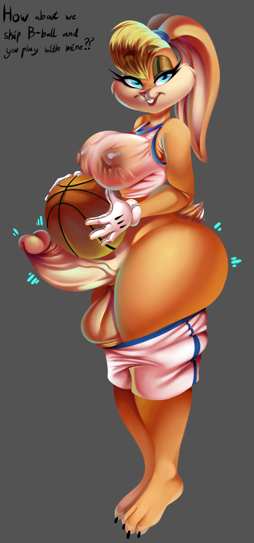 absurd_res anthro ball balls basketball_(ball) big_breasts blonde_hair breasts clothed clothing crossgender dialogue erection ftg_crossgender fti_crossgender genitals grey_background gynomorph hair hi_res humanoid_genitalia humanoid_penis intersex isolatedartest lagomorph leporid lola_bunny looney_tunes mammal pants_down partially_clothed penis rabbit simple_background solo thick_thighs warner_brothers