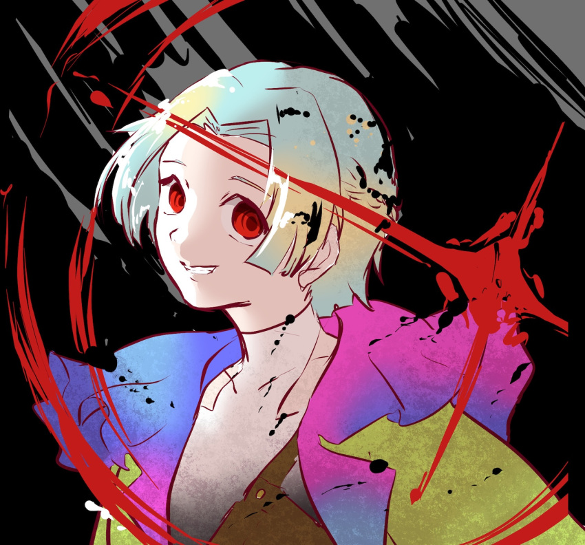 1other aik0aaac black_background blunt_bangs braid clothing_cutout contrast_collar contrast_lapels covered_collarbone crazy_eyes crazy_grin curtained_hair dark_persona empty_eyes forehead gnosia green_hair green_jacket half_up_braid highres jacket lapels light_particles looking_at_viewer other_focus parted_bangs red_eyes scribble_background shirt short_hair shoulder_strap solo sparkle spoilers turtleneck turtleneck_shirt two-tone_background upper_body variant_set yuri_(gnosia)