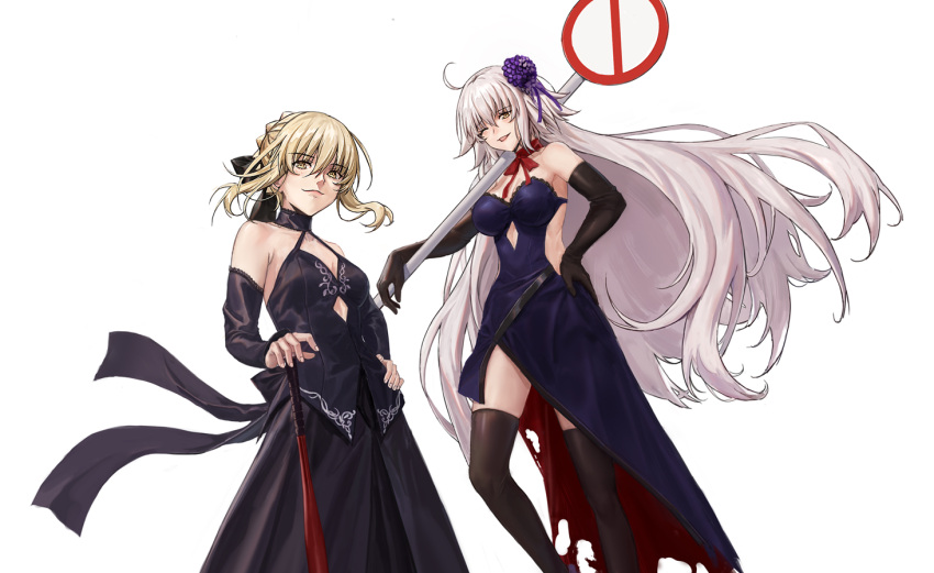 2girls ahoge artoria_pendragon_(all) asagami_(hnt16303310) baseball_bat black_dress black_legwear blonde_hair braid breasts dress fate/grand_order fate/stay_night fate_(series) hair_ribbon holding holding_baseball_bat jeanne_d'arc_(alter)_(fate) jeanne_d'arc_(fate)_(all) long_hair looking_at_viewer multiple_girls one_eye_closed ribbon road_sign saber_alter sign silver_hair simple_background thighhighs very_long_hair white_background yellow_eyes
