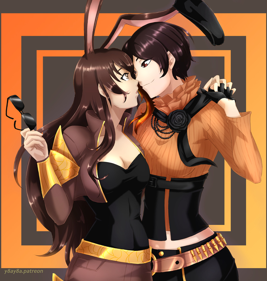 2girls animal_ears artist_name belt black_flower black_rose breasts brown_eyes brown_hair bunny_ears coco_adel corset cowboy_shot eye_contact eyewear_removed fingerless_gloves flower gloves highres holding_hands looking_at_another medium_breasts midriff multiple_girls rose rwby short_hair smile velvet_scarlatina yaya_(y8ay8a) yellow_belt yuri