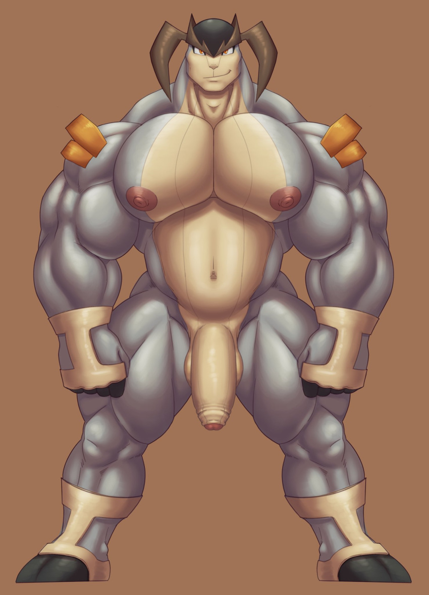 anthro anthrofied balls big_muscles big_pecs brown_background genitals grey_body hi_res huge_muscles hunnipanda legendary_pok&eacute;mon looking_at_viewer male muscular muscular_anthro muscular_male navel nintendo nipples nude pecs penis pok&eacute;mon pok&eacute;mon_(species) pok&eacute;morph simple_background solo standing terrakion video_games
