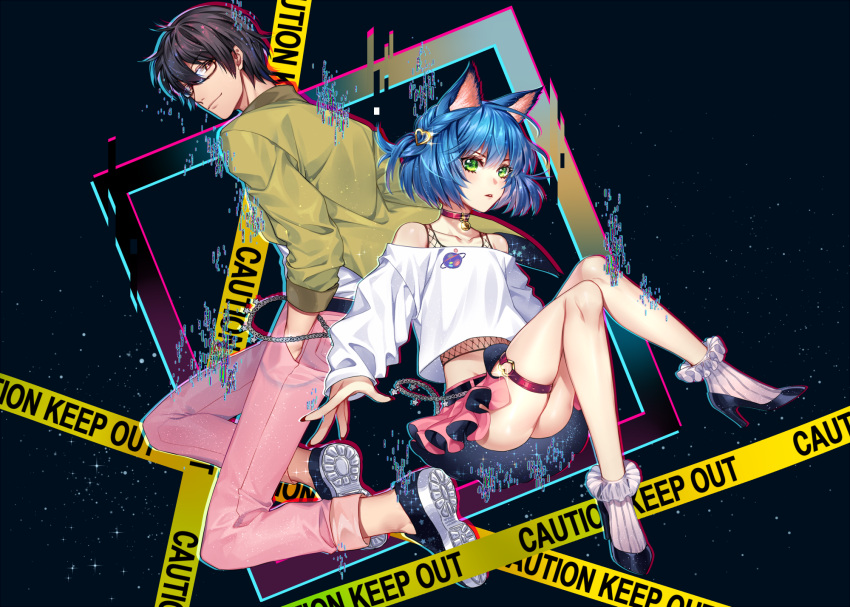 2boys ahoge animal_ear_fluff animal_ears ankle_socks arms_at_sides ass back-to-back bare_legs bare_shoulders bell belt black-framed_eyewear black_background black_belt black_hair black_shoes black_skirt blue_hair braid cat_boy cat_ears caution_tape chain character_request choker closed_mouth collarbone collared_jacket colored_shoe_soles commentary crossdressing crossdressing_(mtf) double-parted_bangs english_commentary fishnet_top fishnets frilled_skirt frilled_socks frills full_body glasses glitch green_eyes green_jacket hair_between_eyes hands_in_pockets heart high_heels highres invisible_chair jacket jingle_bell jumping knees_together_feet_apart knees_up light_particles long_sleeves looking_at_viewer looking_back microskirt midriff multicolored_shoes multiple_boys neck_bell no_panties no_socks off-shoulder_shirt off_shoulder open_clothes open_jacket open_mouth original pants pink_eyes pink_pants pink_skirt puffy_long_sleeves puffy_sleeves red_choker ribbed_socks ryoune_yami shirt shoes short_hair simple_background single_braid sitting skirt smile socks sparkle star_(symbol) tank_top teeth thigh_strap trap two-sided_fabric two-sided_skirt two-tone_shoes ultracat upper_teeth_only utau v-shaped_eyebrows very_short_hair white_shirt white_shoes white_socks