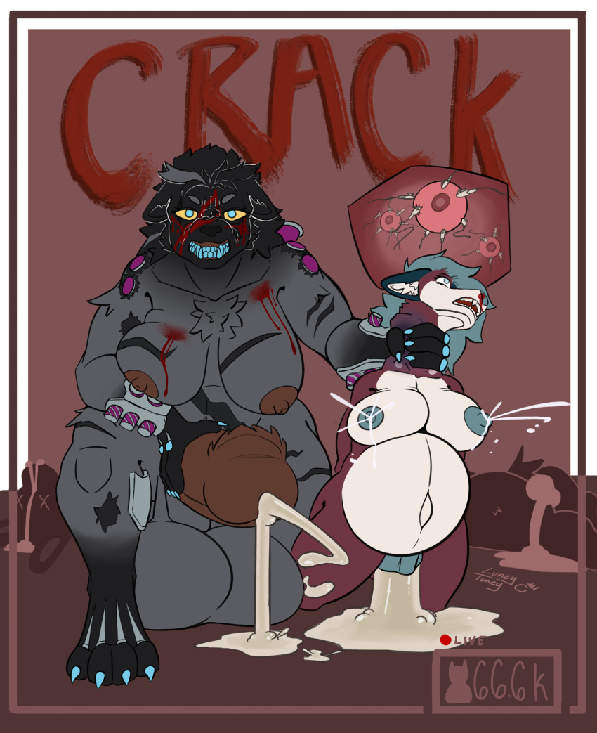 absurd_res anthro balls big_balls big_breasts big_penis blood bodily_fluids breasts canid canine corpse cum cum_drip cum_from_vagina cum_in_vagina cum_inflation cum_inside death dripping duo female genital_fluids genitals gynomorph hi_res huge_balls huge_penis hyper hyper_balls hyper_genitalia hyper_penis impregnation inflation intersex intersex/female kneeling lactating lilith_(luneytuney) livestream looking_at_viewer luneytuney mammal muscular muscular_intersex mythological_canine mythological_creature mythology neck_snap nosebleed penis snarling snuff werecanid werecanine werecreature werewolf