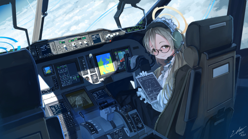 2girls absurdres aircraft airplane airplane_interior akane_(blue_archive) apron asuna_(blue_archive) bangs black_headwear blonde_hair blue_archive brown_eyes cloud cockpit dated dress frilled_apron frills glasses gloves halo hat headphones headset highres holding long_hair long_sleeves maid maid_headdress multiple_girls seat shade signature sitting sky utachy vehicle_interior white_apron white_gloves