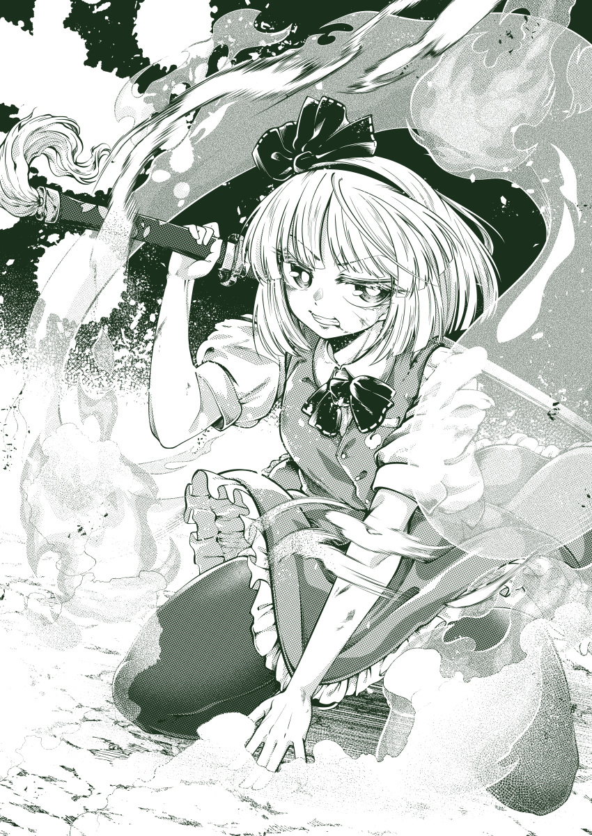0-den 1girl absurdres between_legs blood blood_splatter bow bowtie bright_pupils buttons clenched_teeth collared_shirt commentary_request fire hair_ribbon hairband hand_between_legs hand_up highres holding holding_sword holding_weapon katana kneeling konpaku_youmu konpaku_youmu_(ghost) medium_hair monochrome ribbon scratches shirt short_sleeves sideways_glance skirt smoke solo sword sword_tassel tassel teeth thighhighs touhou vest weapon weapon_tassel white_pupils