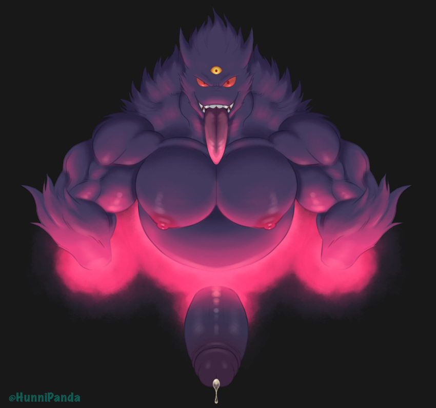 3_eyes anthro big_pecs big_penis black_background bodily_fluids fur gengar genital_fluids genitals hi_res hunnipanda male multi_eye muscular muscular_anthro muscular_male nintendo nipples pecs penis pok&eacute;mon pok&eacute;mon_(species) precum purple_body purple_fur purple_penis red_eyes simple_background solo tongue tongue_out video_games