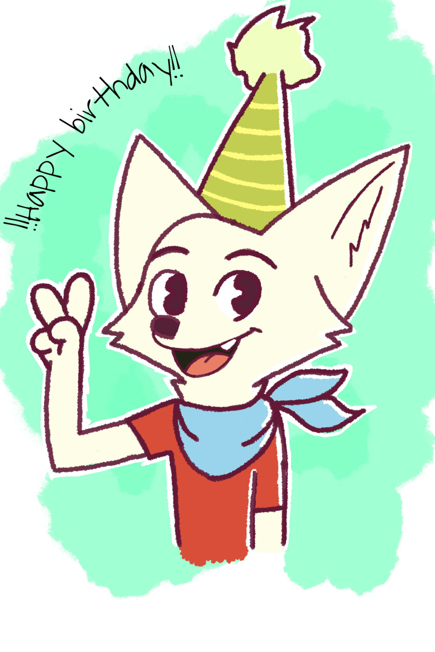 absurd_res anthro arctic_fox bandanna birthday birthday_hat canid canine clothing fox fur hi_res kerchief male male/male mammal mau(mrfoxluck) mrfoxluck peace_symbol red_clothing simple_background white_background white_body white_fur