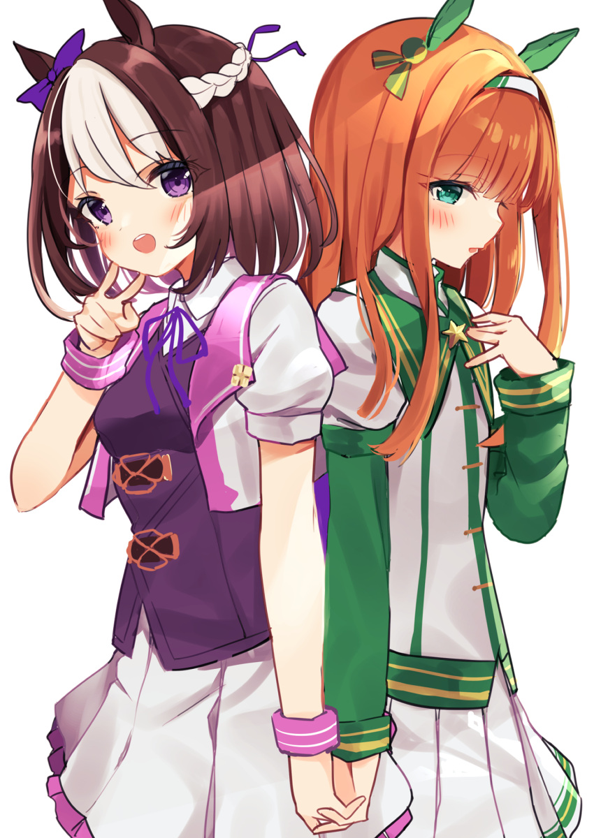 2girls :d agaki_anko animal_ears back-to-back blush bow braid breasts brown_hair brown_vest collared_shirt ear_bow frilled_skirt frills green_eyes hand_up highres holding_hands horse_ears jacket long_hair long_sleeves looking_at_viewer multicolored_hair multiple_girls neck_ribbon open_clothes open_jacket open_mouth orange_hair parted_lips pleated_skirt puffy_short_sleeves puffy_sleeves purple_bow purple_eyes purple_ribbon ribbon shirt short_over_long_sleeves short_sleeves silence_suzuka_(umamusume) simple_background skirt small_breasts smile special_week_(umamusume) two-tone_hair umamusume upper_teeth vest white_background white_hair white_jacket white_shirt white_skirt