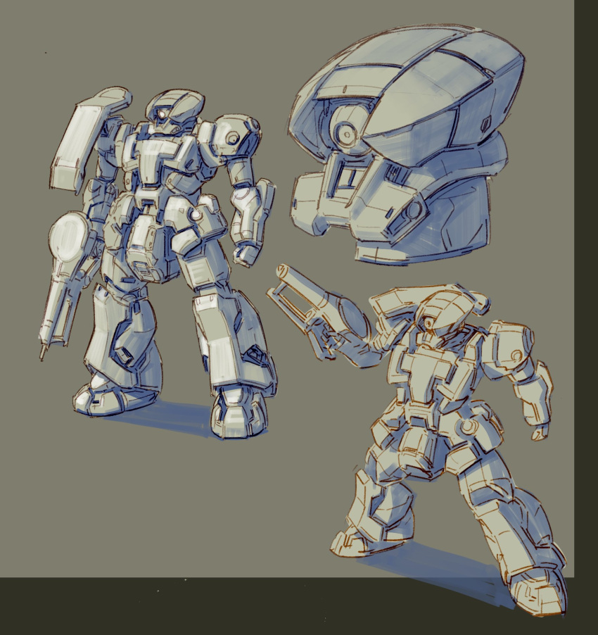 clenched_hand greyscale gun gundam highres holding holding_gun holding_weapon kyouno_oyatuwa_udon looking_down mecha mobile_suit mobile_suit_gundam monochrome multiple_views no_humans one-eyed redesign science_fiction sketch standing weapon zaku zeon