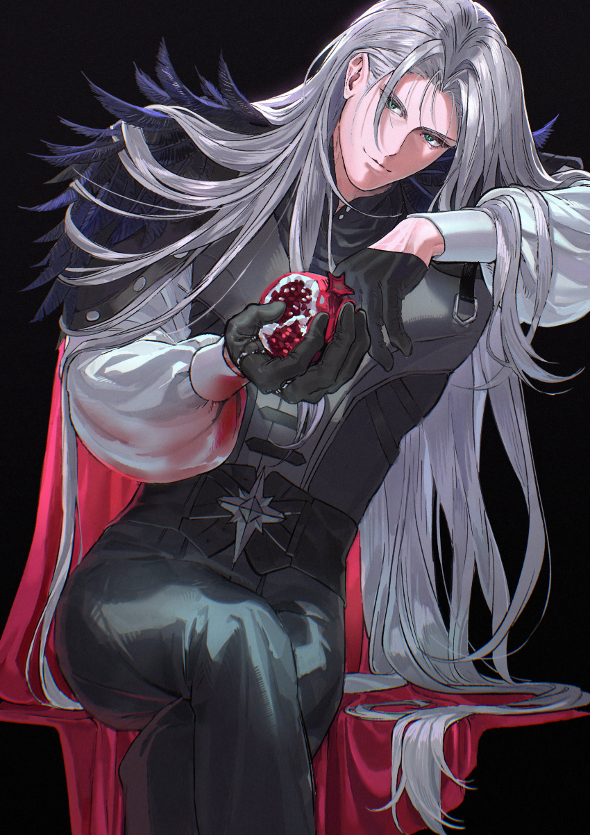 1boy absurdres aqua_eyes black_background black_gloves black_pantyhose black_vest cape closed_mouth crossed_legs feather_trim final_fantasy final_fantasy_vii final_fantasy_vii:_ever_crisis food fruit gloves grey_hair hashtag-only_commentary highres holding holding_food holding_fruit light_smile long_hair long_sleeves looking_at_viewer male_focus official_alternate_costume p25_ff pantyhose parted_bangs pomegranate puffy_long_sleeves puffy_sleeves red_cape sephiroth sephiroth_(conqueror_of_the_planet) shirt sitting slit_pupils solo vest white_shirt