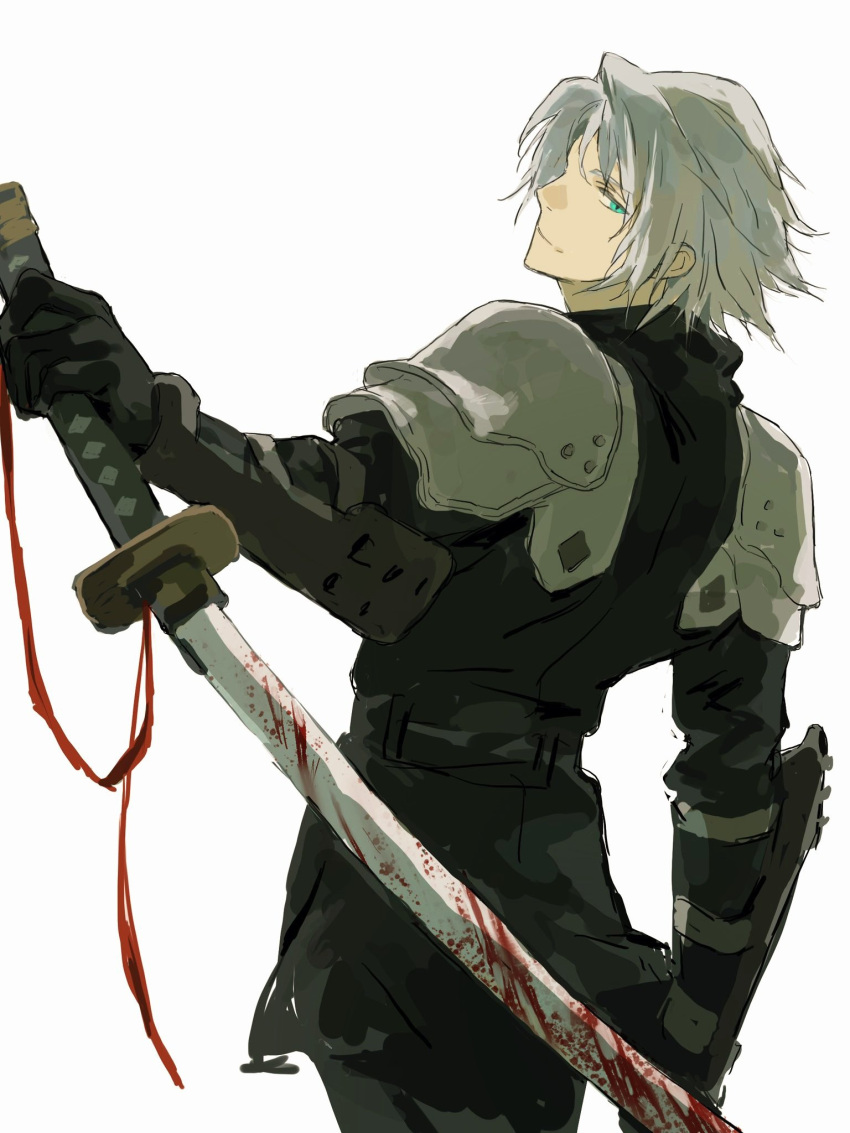 1boy aged_down aqua_eyes armor black_gloves black_jacket black_pants blood blood_on_weapon closed_mouth cowboy_shot final_fantasy final_fantasy_vii final_fantasy_vii:_ever_crisis gloves grey_hair hashtag-only_commentary highres holding holding_sword holding_weapon jacket katana light_smile male_focus pants parted_bangs pauldrons sephiroth sephiroth_(ever_crisis) short_hair shoulder_armor solo soten_sq sword weapon white_background