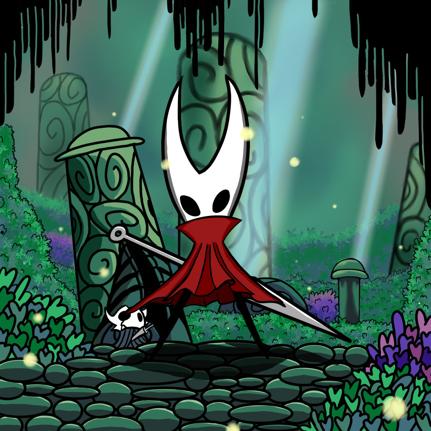 absurd_res anthro arthropod cloak clothing detailed_background duo featureless_feet fecharis female forest hi_res hollow_knight hornet_(hollow_knight) insect plant rock team_cherry tree unknowndegenerate vessel_(species) video_games weapon