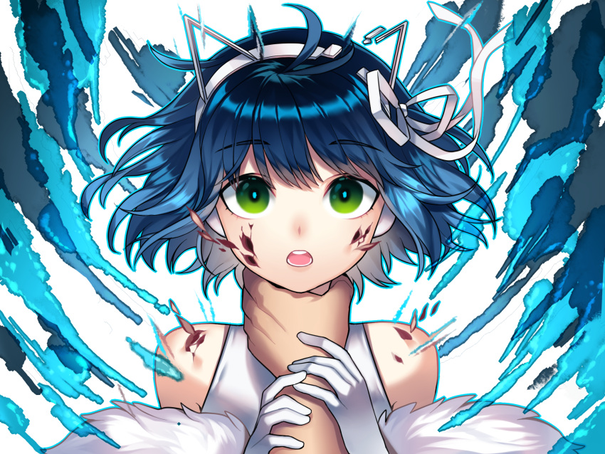 1boy 1other \||/ animal_ear_headphones animal_ears antenna_hair bare_shoulders blue_hair blue_outline blue_pupils cat_ear_headphones cat_ears commentary cracked_skin double_\||/ english_commentary fake_animal_ears floating_hair fur-trimmed_jacket fur_trim ghost_rule_(vocaloid) gloves hair_between_eyes hair_ribbon hands_on_another's_arm headphones highres jacket jacket_partially_removed looking_at_viewer male_focus open_clothes open_jacket open_mouth outline portrait pov pov_hands ribbon ryoune_yami shirt short_hair simple_background sleeveless sleeveless_shirt solo_focus straight-on strangling swept_bangs tareme teeth trap ultracat utau white_background white_gloves white_ribbon white_shirt