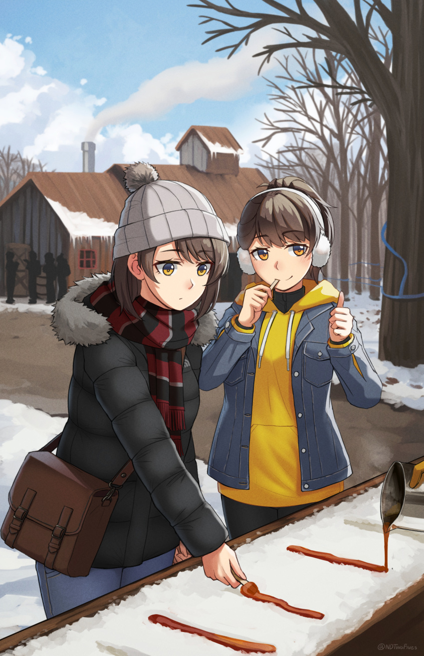 2girls absurdres bag bare_tree beanie black_jacket black_pants blue_jacket blue_pants blue_sky brown_eyes brown_hair building chimney closed_mouth cloud commentary day denim drawstring earmuffs fringe_trim fur-trimmed_hood fur_trim grey_hat hat highres hood hood_down hooded_jacket hoodie jacket jeans long_sleeves maple_syrup multiple_girls ndtwofives open_clothes open_jacket original outdoors pants people scarf shoulder_bag silhouette sky smile smoke striped_clothes striped_scarf thumbs_up tree yellow_hoodie