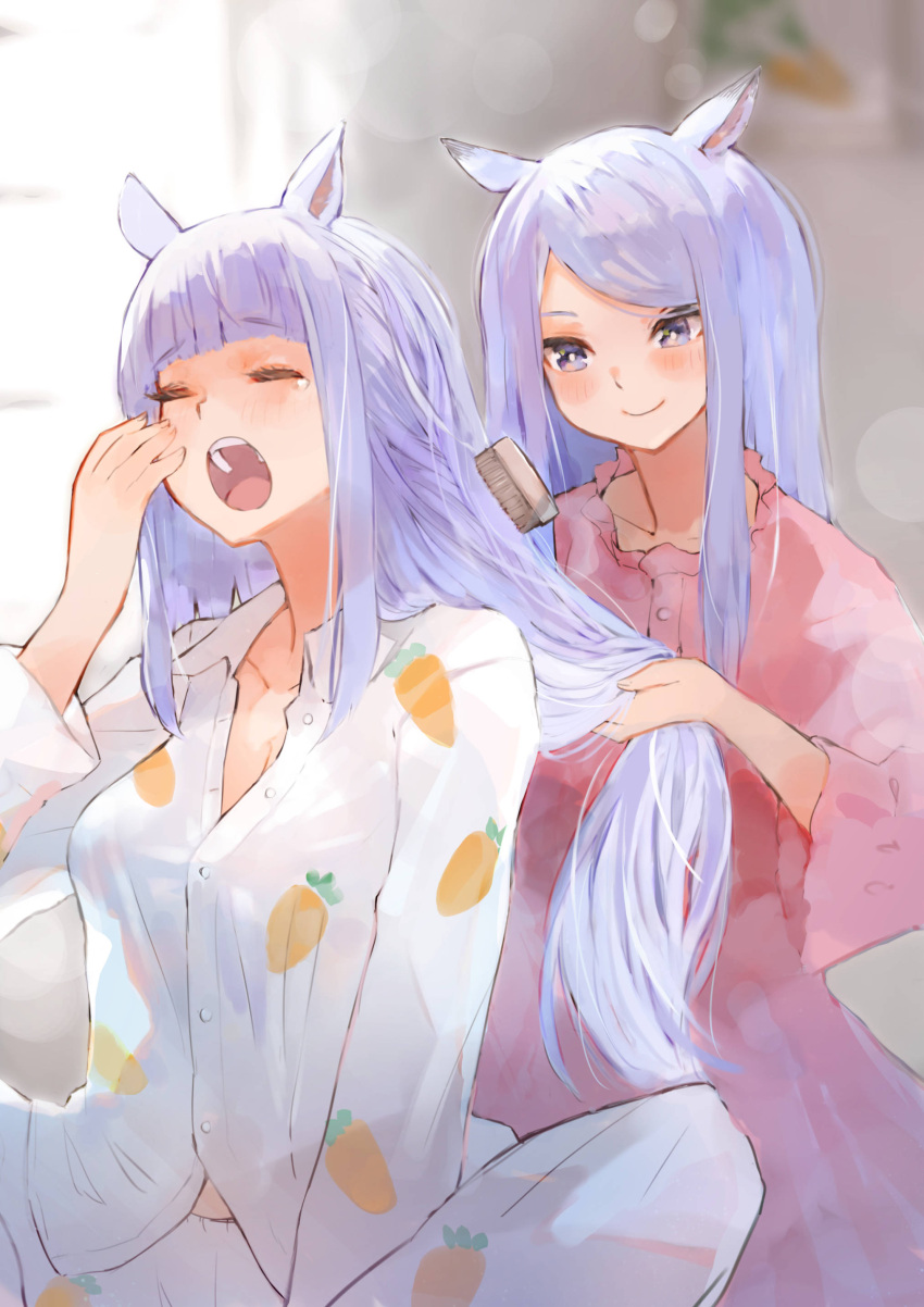 2girls :o absurdres animal_ears bana_(stand_flower) bangs blush breasts brushing_another's_hair carrot_print cleavage closed_eyes closed_mouth collarbone collared_shirt commentary_request day dress dress_shirt eyebrows_visible_through_hair food_print gold_ship_(umamusume) hand_up highres holding holding_hair horse_ears indoors long_hair long_sleeves medium_breasts mejiro_mcqueen_(umamusume) multiple_girls open_mouth pajamas pants pink_dress print_pajamas print_pants print_shirt purple_eyes purple_hair shirt smile sunlight tears umamusume very_long_hair white_pajamas white_pants white_shirt wide_sleeves window yawning