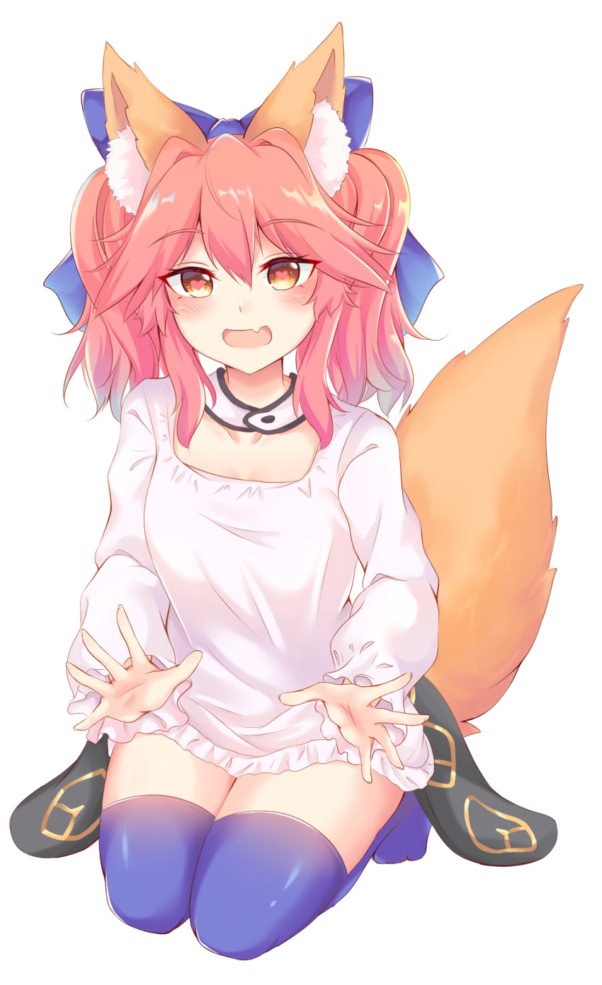 1girl animal_ear_fluff animal_ears blue_bow blue_legwear bow buwad fate/grand_order fate_(series) flat_chest fox_ears fox_girl fox_tail hair_bow heart heart-shaped_pupils highres long_sleeves pink_hair seiza shirt sidelocks sitting solo symbol-shaped_pupils tail tamamo_(fate)_(all) tamamo_no_mae_(fate) thighhighs twintails white_shirt yellow_eyes younger