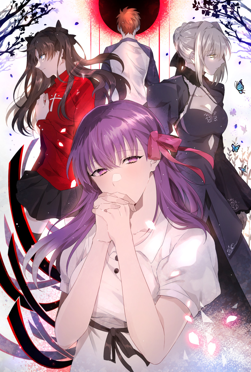 1boy 3girls artoria_pendragon_(all) black_hair black_skirt blonde_hair blue_eyes bug butterfly dress emiya_shirou fate/stay_night fate_(series) gothic_lolita great_grail hair_ribbon hands_clasped heaven's_feel highres insect lolita_fashion long_hair matou_sakura multiple_girls namahamu_(hmhm_81) orange_hair own_hands_together pale_skin pleated_skirt purple_eyes purple_hair raglan_sleeves ribbon saber_alter skirt thighhighs tohsaka_rin turtleneck two_side_up yellow_eyes