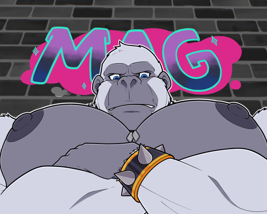 anthro ape armband army barazoku biceps big_muscles big_nipples big_pecs black_wristband blue_eyes bracelet brick brick_background brick_wall clothed clothing crossed_arms dog_tags frown frowney_face frowning_at_viewer fur gorilla grey_body grey_fur haplorhine hi_res jewelry kamui_behemoth looking_at_viewer looking_down looking_down_at_viewer low-angle_view male mammal manly mature_anthro mature_male military muscular muscular_arms nipple_fetish nipple_focus nipples pec_fetish pecs pecs_focus primate soldier solo spiked_armband spiked_bracelet spikes stern stern_look thick_arms topless topless_anthro topless_male tough_guy wall_(structure) warrior white_body white_fur wristband