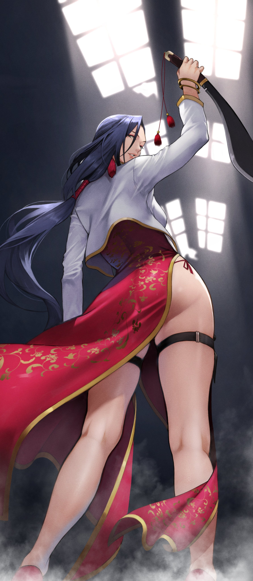 1girl absurdres ass bangle black_hair black_lagoon bracelet breasts china_dress chinese_clothes dress flats hair_tubes highres holding holding_sword holding_weapon jacket jewelry kneepits knife kukri large_breasts long_dress long_hair looking_at_viewer looking_back low_ponytail panties red_dress red_footwear red_panties reverse_grip shenhua side-tie_panties side_slit solo standing sword underwear weapon white_jacket yoshio_(55level)