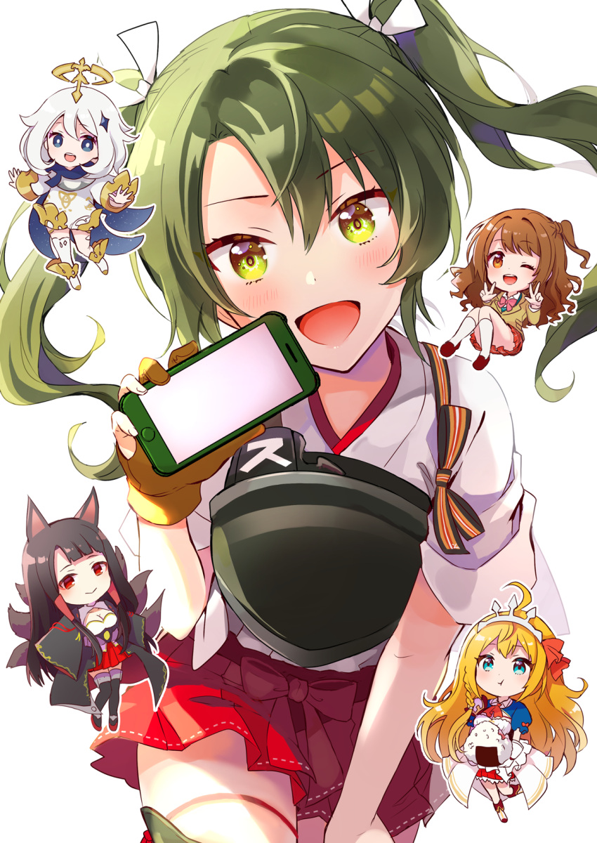 5girls :t ahoge akagi_(azur_lane) anbutter_siruko animal_ears azur_lane black_hair black_legwear blue_eyes blush bow bowtie braid breasts brown_gloves brown_hair brown_skirt cellphone cleavage crossover double_w dress eating eyebrows_visible_through_hair food food_in_mouth fox_ears fox_tail genshin_impact gloves green_eyes hair_ornament hair_ribbon hakama hakama_skirt halo highres holding holding_food holding_phone idolmaster idolmaster_cinderella_girls jacket japanese_clothes kantai_collection kneehighs long_hair long_sleeves minigirl multiple_girls multiple_tails muneate one_eye_closed onigiri open_mouth orange_hair paimon_(genshin_impact) partially_fingerless_gloves pecorine_(princess_connect!) phone princess_connect! princess_connect!_re:dive red_eyes red_hakama red_skirt ribbon scarf school_uniform shimamura_uzuki side_braid sidelocks single_glove single_thighhigh skirt smartphone smile tail tasuki thighhighs tiara twintails w white_gloves white_hair white_legwear wide_sleeves yugake zuikaku_(kancolle)