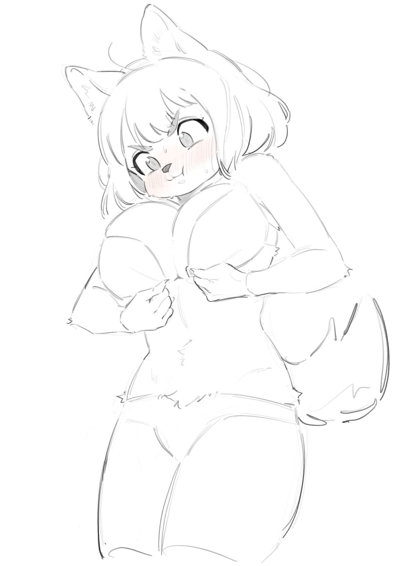 annoyed anthro arm_tuft belly_tuft big_breasts big_eyes blush bra breasts cleavage clothed clothing clothing_too_small crotch_tuft curvy_figure dressing elbow_tufts female fluffy hair hi_res inner_ear_fluff kemonoda_isuki legwear monochrome panties raised_tail short_hair sketch solo thick_thighs thigh_highs tight_clothing tuft underwear underwear_only