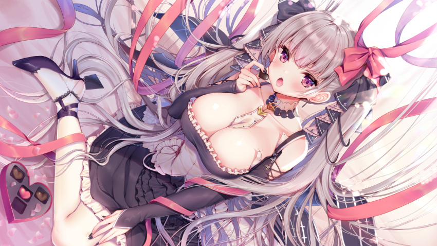 anthropomorphism ayuma_sayu azur_lane bow breasts candy chocolate cleavage food formidable_(azur_lane) goth-loli gray_hair lolita_fashion long_hair no_bra purple_eyes ribbons third-party_edit twintails