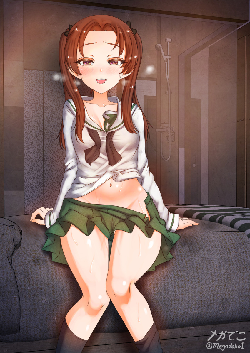 1girl aquaegg bed blush bow breasts brown_eyes brown_hair cleavage collarbone eyebrows_visible_through_hair girls_und_panzer green_skirt groin hair_bow hair_ornament highres indoors kadotani_anzu long_hair looking_at_viewer miniskirt navel on_bed ooarai_school_uniform open_mouth pleated_skirt school_uniform shiny shiny_hair shower_(place) sitting skirt small_breasts smile solo twintails
