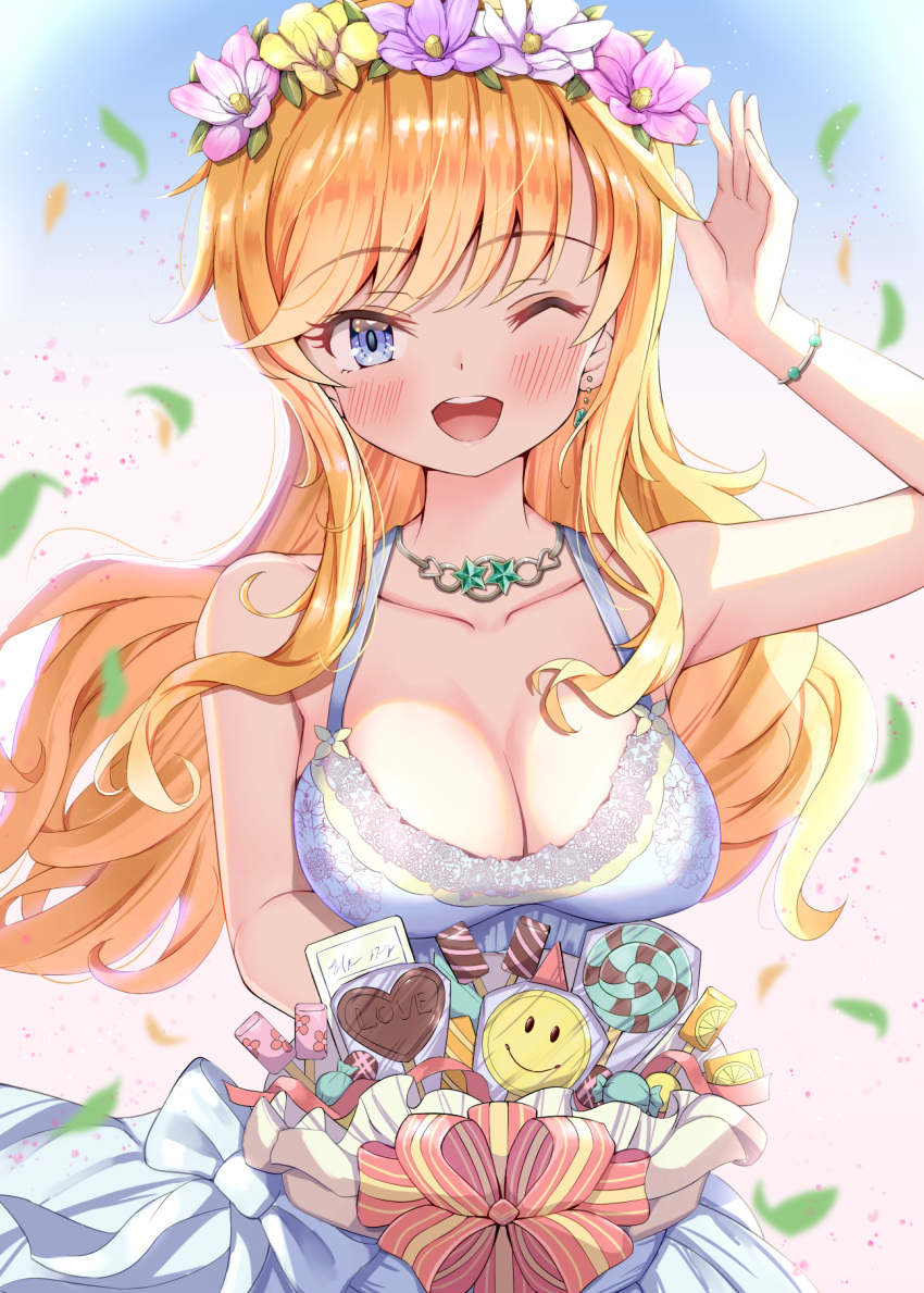 1girl ;d alternate_costume bangs bare_arms bare_shoulders blonde_hair blue_eyes blush bow bracelet breasts cleavage collarbone commentary_request day dress earrings eyebrows_visible_through_hair flower hair_flower hair_ornament hand_up head_wreath heart highres holding idolmaster idolmaster_cinderella_girls idolmaster_cinderella_girls_starlight_stage jewelry large_breasts long_hair looking_at_viewer necklace one_eye_closed ootsuki_yui open_mouth outdoors petals pink_flower red_ribbon ribbon smile solo striped striped_ribbon tudon_(donut) white_bow white_dress