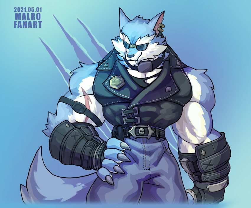 anthro belt biceps canid canine canis clothed clothing digital_media_(artwork) distyle eyewear fenrir_(disambiguation) fingerless_gloves fur gloves handwear hi_res male mammal muscular muscular_anthro muscular_male scar solo sunglasses wolf wolfmalro