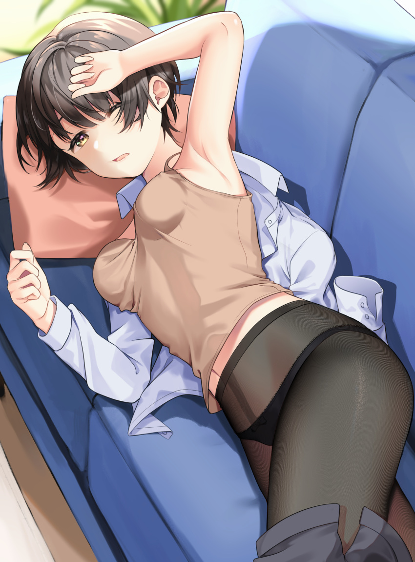 1girl absurdres arm_up armpits bangs black_hair black_legwear black_panties bow bow_panties breasts brown_camisole camisole clothes_pull couch dress_shirt fine_fabric_emphasis from_above hand_on_forehead highres indoors looking_at_viewer lying moire mukuro_usss on_couch on_side one_eye_closed open_clothes open_shirt open_skirt original panties panties_under_pantyhose pantyhose parted_lips shirt short_hair skirt skirt_pull sleeveless small_breasts solo underwear white_shirt