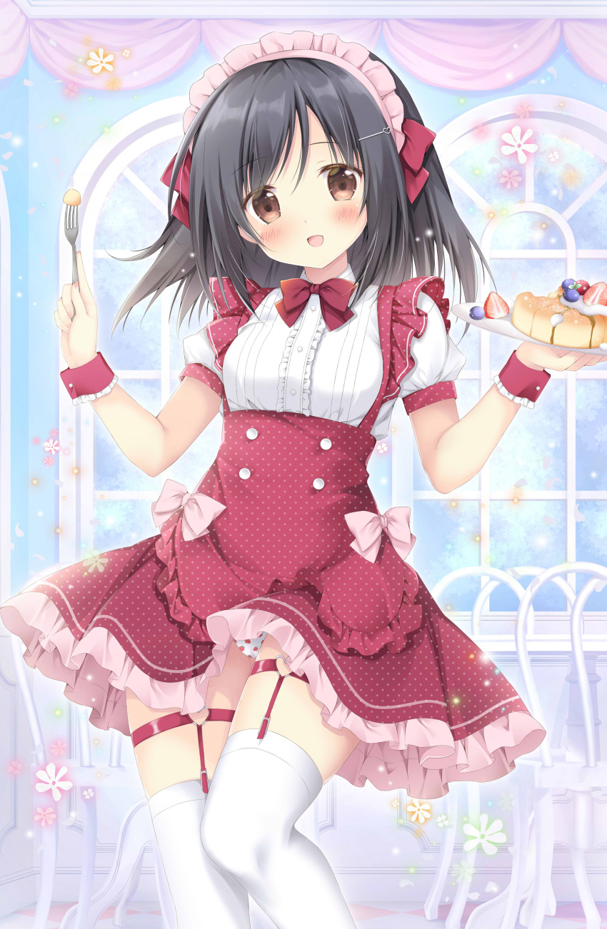 1girl :d absurdres apron bangs black_hair blush bow breasts brown_eyes center_frills collared_shirt commentary_request eyebrows_visible_through_hair food fork frilled_apron frilled_skirt frills hair_between_eyes hair_ornament hairclip hands_up heart heart_hair_ornament highres holding holding_fork korie_riko long_hair looking_at_viewer maid maid_headdress open_mouth original polka_dot polka_dot_apron polka_dot_skirt puffy_short_sleeves puffy_sleeves red_apron red_bow red_skirt shirt short_sleeves skirt small_breasts smile solo thighhighs white_legwear white_shirt