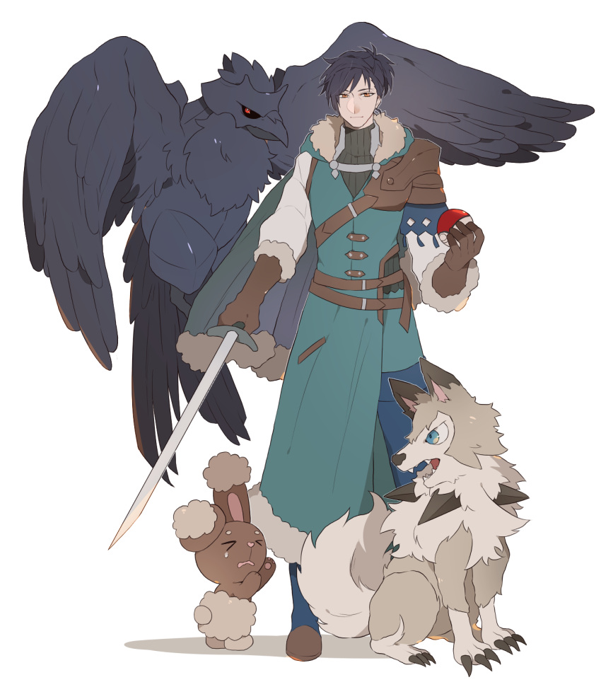 1boy bird black_hair buneary bunny capelet corviknight crossover crying dog felix_hugo_fraldarius fire_emblem fire_emblem:_three_houses full_body fur-trimmed_capelet fur-trimmed_gloves fur_trim gen_4_pokemon gen_7_pokemon gen_8_pokemon gloves highres holding holding_poke_ball long_coat lycanroc lycanroc_(midday) male_focus namahamu_(hmhm_81) older poke_ball pokemon pokemon_(creature) ponytail standing sword weapon wolf yellow_eyes