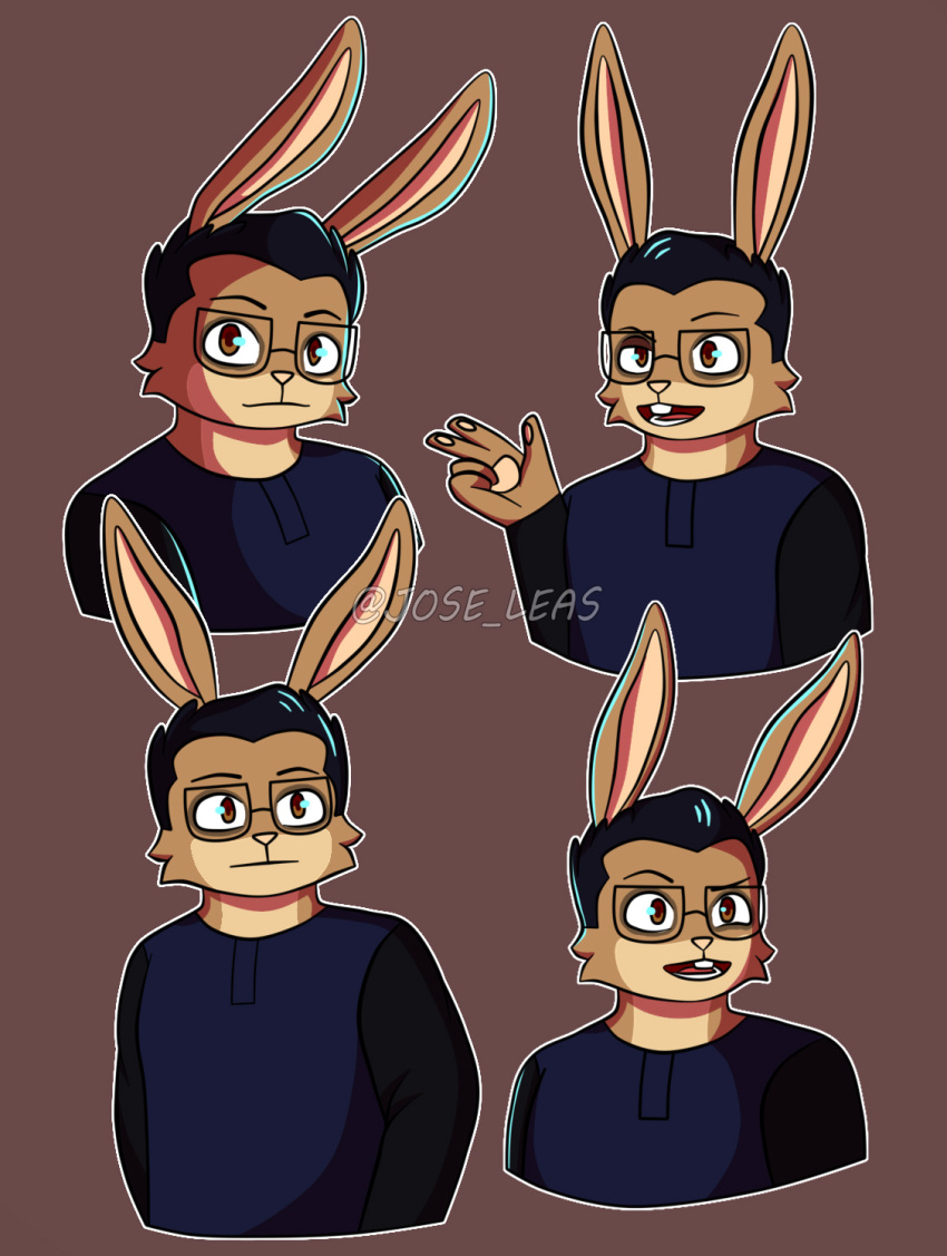 5_fingers brown brown_body brown_eyes brown_fur clothing eyewear fingers fur glasses hi_res humanoid invalid_tag lagomorph lenses leporid male mammal multiple_images overweight overweight_male rabbit simple_background slightly_chubby solo