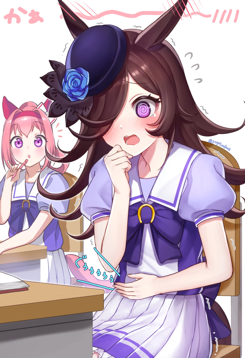 2girls @_@ animal_ears bangs blue_bow blue_shirt blush bow brown_hair chair desk ear_blush eyebrows_visible_through_hair flying_sweatdrops hair_over_one_eye hand_on_own_stomach haru_urara_(umamusume) highres holding holding_pencil horse_ears horse_girl horse_tail hungry long_hair multiple_girls on_chair open_mouth pencil pink_hair pleated_skirt ponytail puffy_short_sleeves puffy_sleeves purple_eyes rice_shower_(umamusume) school_chair school_desk school_uniform shirt short_sleeves simple_background sitting skirt solo_focus stomach_growling tail tears tracen_school_uniform trembling umamusume wavy_mouth white_background white_skirt yayoi_maka