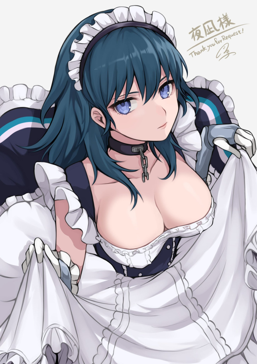 1girl apron apron_hold azur_lane bangs belfast_(azur_lane) belfast_(azur_lane)_(cosplay) black_choker blue_eyes blue_hair breasts byleth_(fire_emblem) byleth_(fire_emblem)_(female) chain choker cleavage commentary_request cosplay dress fire_emblem fire_emblem:_three_houses gloves grey_background hair_between_eyes highres large_breasts long_hair looking_at_viewer maid maid_apron maid_headdress shimizu_akina simple_background solo white_apron white_gloves