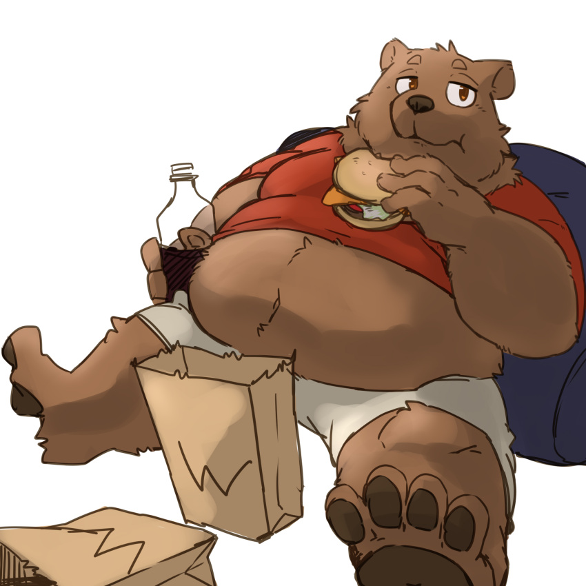 2021 anthro bottomwear brown_body brown_fur burger clothing donguri eating food fur hi_res humanoid_hands kemono male mammal overweight overweight_anthro overweight_male shirt shorts sitting solo topwear ursid