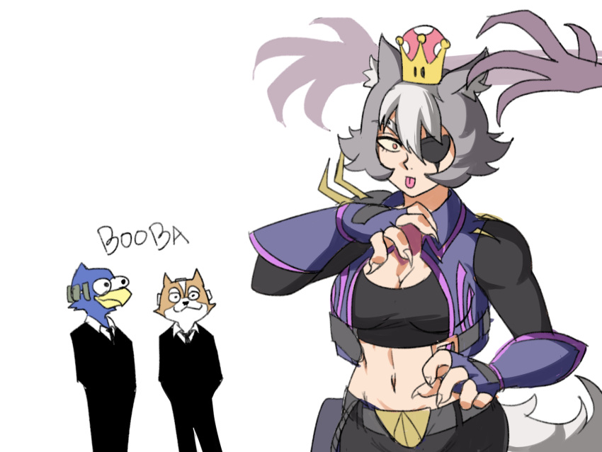 1girl 2boys abs animal_ears armor bird booba_(meme) bracelet breasts claws crown earrings eyepatch falco_lombardi formal fox fox_mccloud furry genderswap genderswap_(mtf) grey_hair highres jacket jewelry licking mario_(series) metroid multiple_boys muscular muscular_female new_super_mario_bros._u_deluxe ridley spiked_bracelet spikes star_fox suit super_crown super_smash_bros. tank_top tina_fate wolf_o'donnell