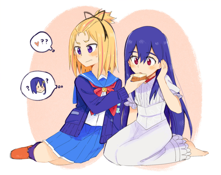 2girls :&gt; ? ?? adjusting_hair ange_(angeban93) bangs_pinned_back barefoot black_ribbon blonde_hair blue_cardigan blue_hair blue_legwear blue_sailor_collar blue_skirt blush_stickers cardigan center_frills choker closed_mouth commentary_request confused dress eyebrows_visible_through_hair flip_flappers food frilled_sleeves frills full_body hair_between_eyes hair_ornament hair_ribbon hairclip hand_up heart holding holding_food kokomine_cocona long_hair long_sleeves looking_at_food looking_at_object looking_away medium_hair mimi_(flip_flappers) multicolored_hair multiple_girls neckerchief open_cardigan open_clothes orange_footwear parted_lips pink_eyes pink_hair pleated_skirt puffy_short_sleeves puffy_sleeves purple_eyes red_choker red_neckwear ribbon sailor_collar school_uniform seiza serafuku short_sleeves sitting skirt smile streaked_hair sweatdrop thought_bubble tsurime very_long_hair wavy_mouth white_dress wing_collar yayaka yokozuwari |_|