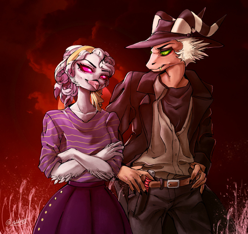 anthro anthro_on_anthro avian beak behindthelens bird breasts claws clothed clothing demon detailed_background duo female fur hair hat headgear headwear helluva_boss hi_res horn imp knife male male/female multicolored_hair orange_body owl purple_hair smile stella_(vivzmind) striker_(vivzmind) two_tone_hair white_body white_fur white_hair yellow_eyes