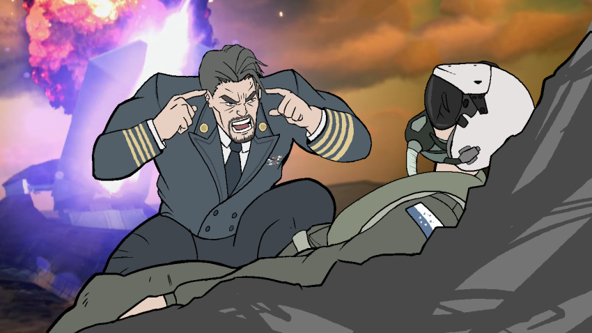 2boys ace_combat ace_combat_7 alicorn_(ace_combat) black_neckwear commentary eeversti english_commentary explosion facial_hair goatee grey_hair invincible_(series) long_sleeves looking_at_another matias_torres meme military military_uniform multiple_boys necktie open_mouth pilot_helmet pilot_suit pointing pointing_at_self spoilers teeth trigger_(ace_combat) uniform