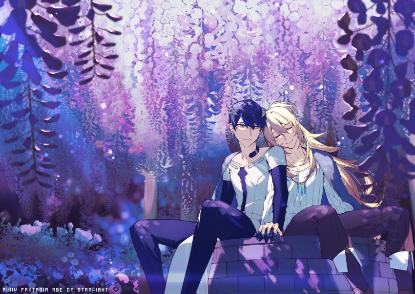 2boys black_hair black_pants blue_nails boots closed_eyes copyright_name earrings elbow_gloves flower gloves hair_ornament highres holding_hands jewelry lazaro_(pixiv_fantasia_age_of_starlight) long_hair long_sleeves multiple_boys necklace outdoors pants peili_(pixiv_fantasia_age_of_starlight) pixiv_fantasia pixiv_fantasia_age_of_starlight purple_eyes rezia sitting wisteria yaoi
