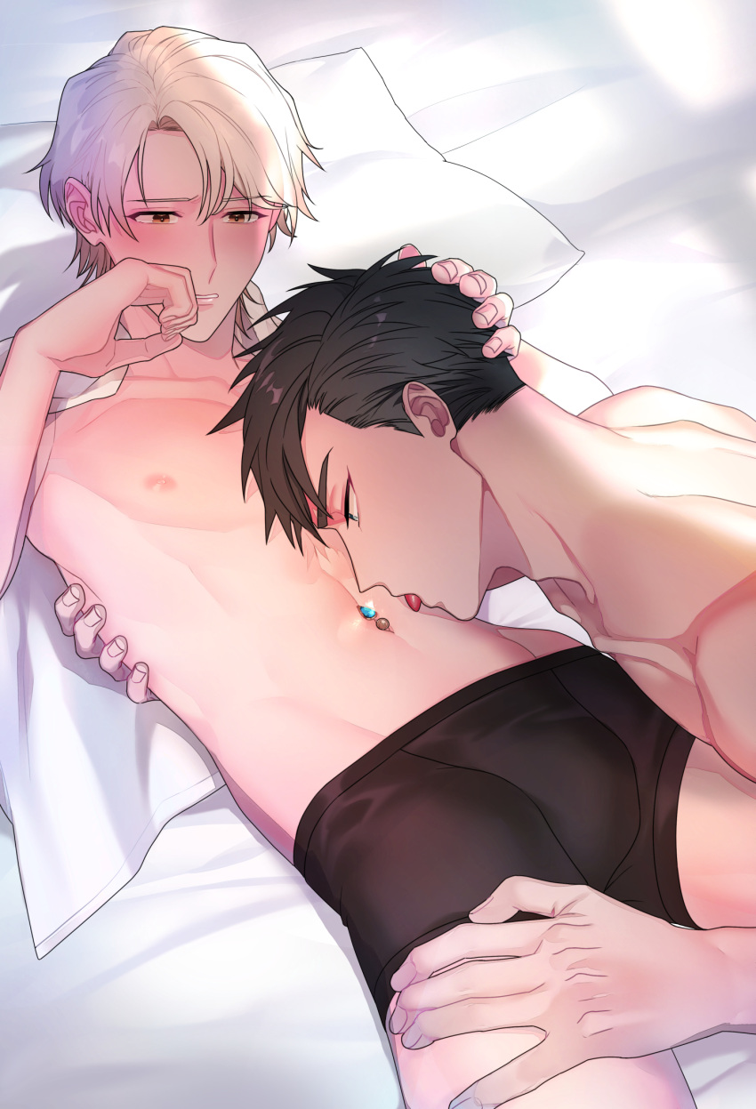 2boys black_boxer_briefs black_hair boxer_briefs bulge glint hand_on_another's_head hand_on_another's_leg highres indoors licking male_underwear multiple_boys navel navel_piercing official_art on_bed original piercing pillow shiroiro_(moo) tongue tongue_out underwear white_hair yaoi