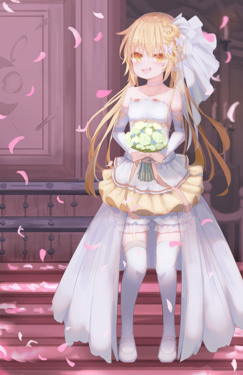 1girl absurdres alternate_costume blonde_hair bouquet breasts crescent crescent_hair_ornament crescent_pin dress elbow_gloves flower garter_straps gloves hair_ornament highres holding holding_bouquet kantai_collection logiclr long_hair low_twintails satsuki_(kancolle) showgirl_skirt sleeveless sleeveless_dress small_breasts solo strapless strapless_dress thighhighs twintails wedding_dress white_dress white_gloves white_legwear yellow_eyes