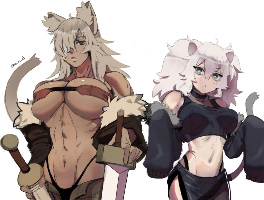 2girls :&lt; abs ahoge animal_ear_fluff animal_ears bandeau black_choker black_panties black_skirt breasts choker cleavage crop_top dark_skin dark_skinned_female detached_sleeves dual_wielding eyepatch fur-trimmed_jacket fur_trim ghislaine_dedoldia green_pants grey_eyes grey_hair groin highleg highleg_panties highres holding holding_sword holding_weapon hololive huge_breasts impossible_clothes jacket large_breasts lion_ears lion_girl lion_tail long_hair looking_at_viewer multiple_girls muscular muscular_female mushoku_tensei navel open_fly panties pants planted_sword planted_weapon red_eyes revealing_clothes shishiro_botan sho-n-d side_slit silver_hair skirt sleeves_past_wrists slender_waist standing sword tail trait_connection underboob underwear weapon white_background