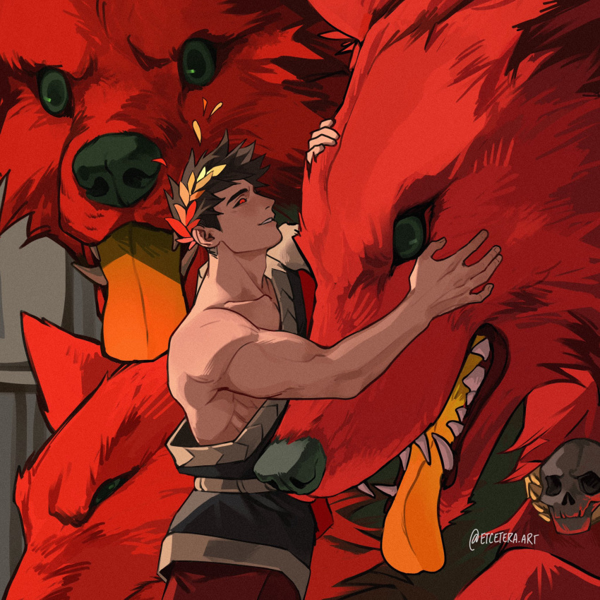 1boy black_hair black_sclera cerberus_(hades) colored_sclera dog etceteraart greek_clothes green_eyes hades_(game) heart heterochromia highres laurel_crown leggings male_focus multiple_heads muscular open_mouth red_eyes single_bare_shoulder skull smile tail tongue tongue_out zagreus_(hades)